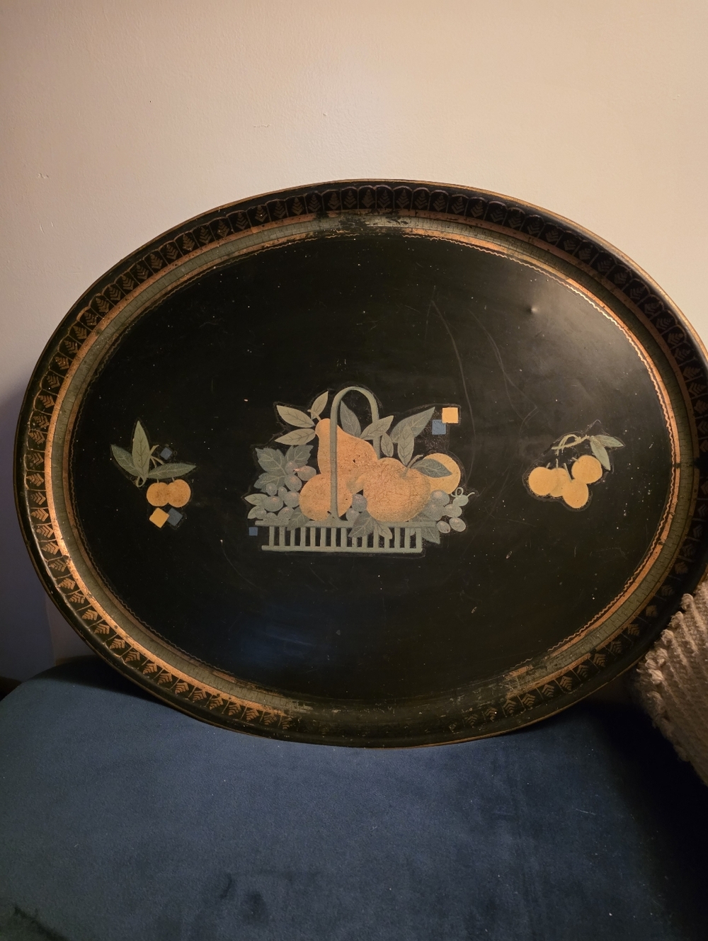 Vintage Chinoserie Hand-Painted Metal Tray, 1880s toleware tray
